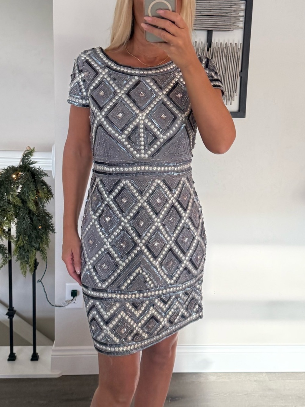Adrianna Papell Silver Fully Beaded Mini Dress